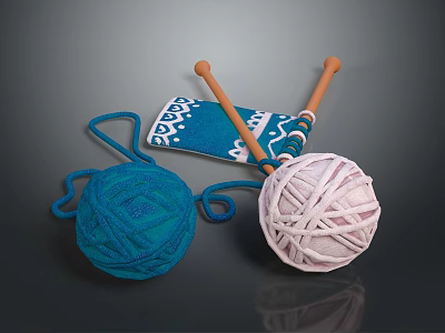 Knitting Supplies With Blue Pink Yarn Balls Wooden Needles And Blue Patterned Fabric 3d model