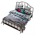 Double Bed With Black Metal Frame Floral Quilt And Colorful Pillows