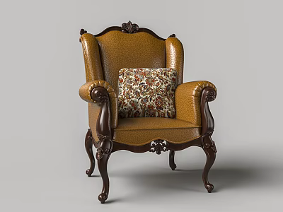 Classic Style Brown Leather Armchair With Carved Wooden Arms And Floral Cushion 3d model