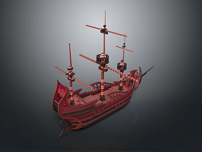 Ancient Wooden Sailboat Model With Multiple Red Masts And Brown Hull 3d model