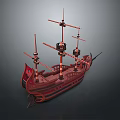 Ancient Wooden Sailboat Model With Multiple Red Masts And Brown Hull