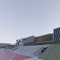 Modern School Building with Rectangular Blocks Grey Exterior Large Glass Windows Front Road Green Belt