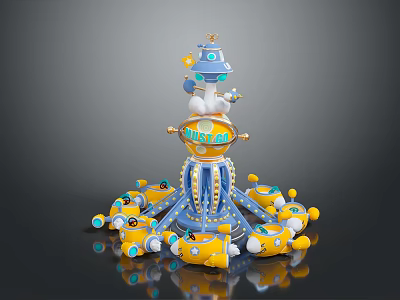 Rotating Amusement Ride Building with Central Tower MOON STAR Sign Yellow Cars and Blue Accents 3d model