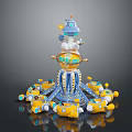 Rotating Amusement Ride Building with Central Tower MOON STAR Sign Yellow Cars and Blue Accents