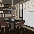 Hotel Mahjong Room Featuring Elegant Wooden Bookshelves Comfortable Chairs And Greenery View Through Large Windows