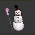 Snowman Figure With Black Top Hat Red Brim Stick Arms Orange Carrot Nose And Broom