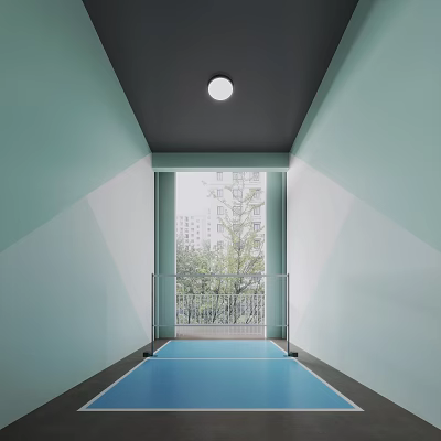Light Green Walled Indoor Workout Space With Black Ceiling Round Light Blue Floor And Window 3d model