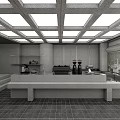 Modern Café Interior With Grid Ceiling Long Table Bench Seats And Bar Counter 3d model