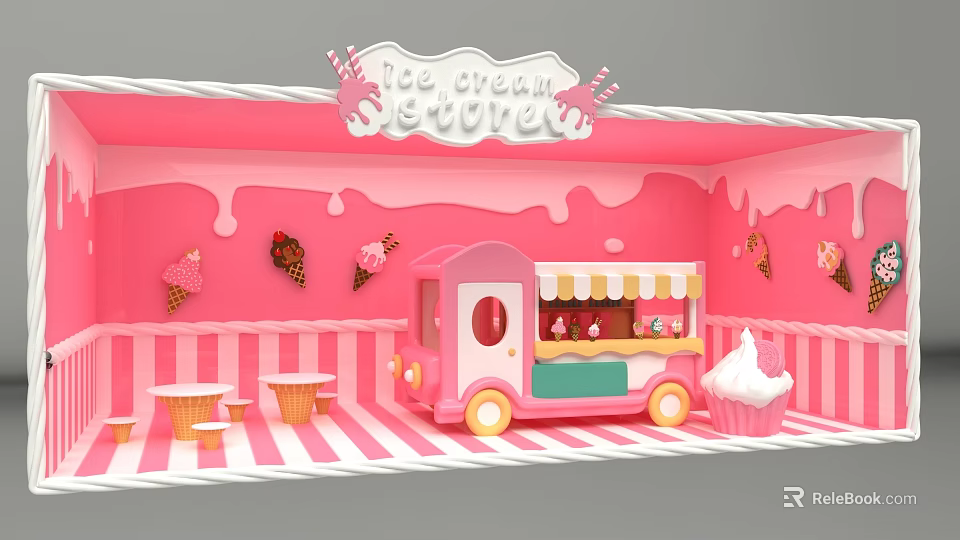 Colorful Ice Cream Store Interior With Pink Walls Ice Cream Truck And Decorations 3d model 