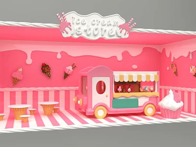 Colorful Ice Cream Store Interior With Pink Walls Ice Cream Truck And Decorations 3d model