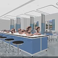 School Medical Training Room With Blue Workbench Mannequin Heads Stools And Equipment
