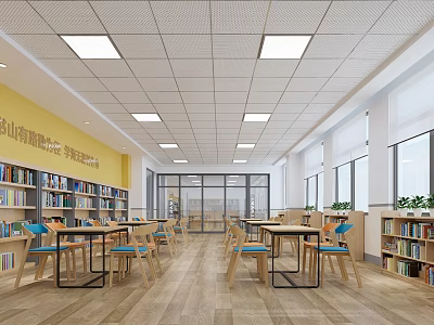Bright Office Interior With Bookshelves Wooden Tables Chairs Large Windows And Yellow Wall 3d model