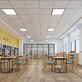 Bright Office Interior With Bookshelves Wooden Tables Chairs Large Windows And Yellow Wall