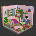 Cozy Pink Small Room Interior With Bed Desk Bookshelf Teddy Bear And Plants