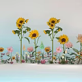 Beautiful Colorful Sunflowers And Pink Flowers With Butterflies On Green Grass