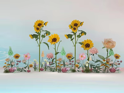 Beautiful Colorful Sunflowers And Pink Flowers With Butterflies On Green Grass 3d model