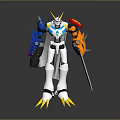 3D Robot Character Featuring Yellow Horns Blue Orange Arms White Body Claw Feet And Sword