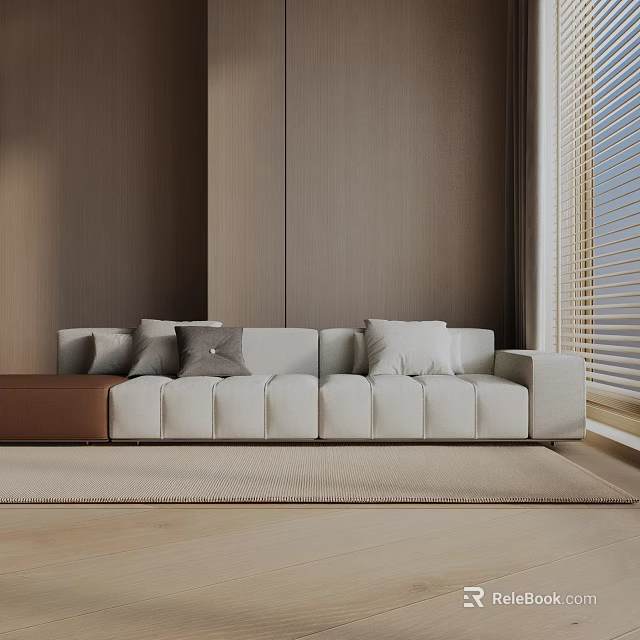 Modern Beige Tufted Three-Seater Sofa With Wooden Wall And Window Blinds 3d model 