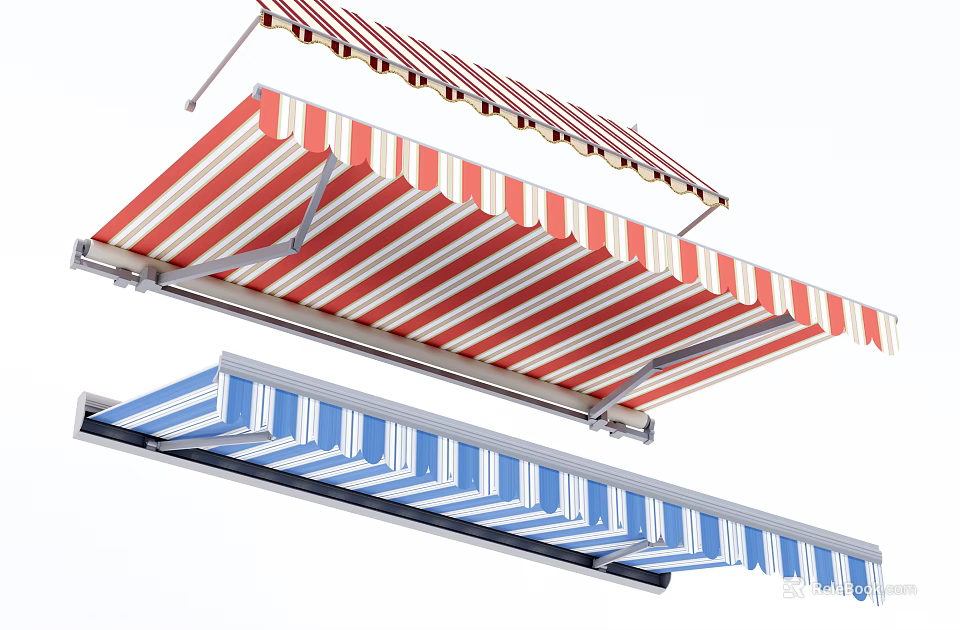 Retractable Outdoor Awnings with Red White and Blue Striped Patterns for Home Exterior 3d model 
