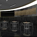 Modern Bar Interior With Circular Ceiling Lighting Design Central Counter High Stools And Decorative Walls