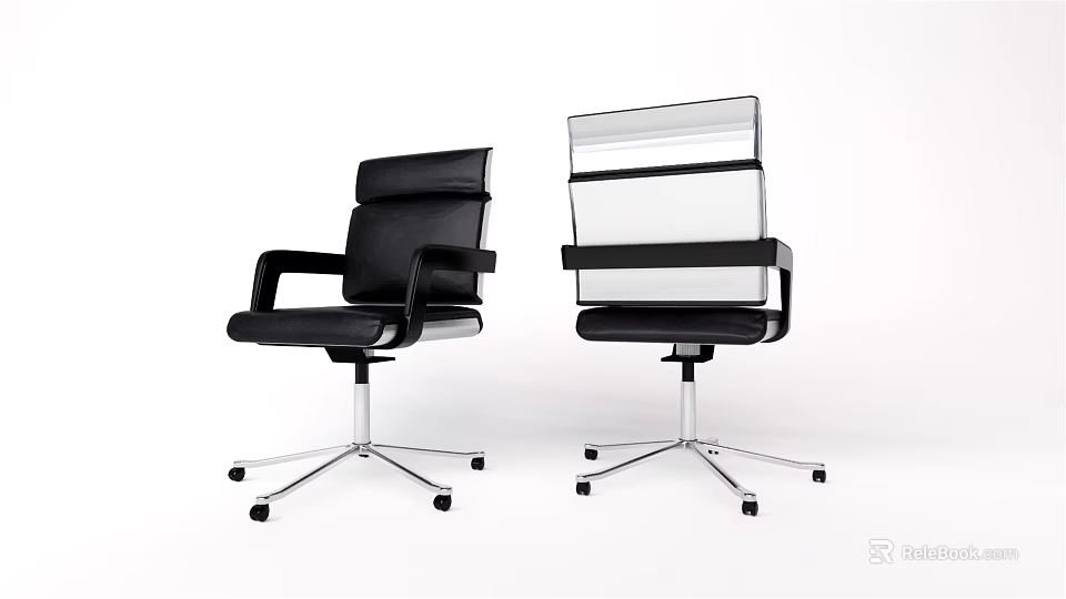 Two Modern Office Chairs Featuring Black Leather And Transparent Backrest With Metal Base And Wheels 3d model 