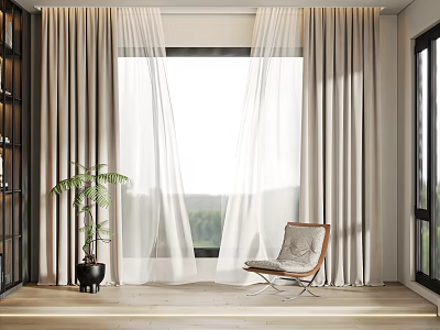 Modern Interior With Beige Thick And White Sheer Curtains By Window With Chair And Plant 3d model