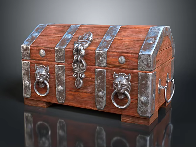Vintage Wooden Chest With Metal Straps Lion Head Rings And Decorative Clasps 3d model