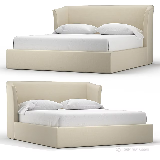 Sleek Modern Beige Double Bed Design With Upholstered Headboard And Solid Frame 3d model 