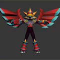 Stylized Game Movie Character With Spread Red Blue Wings Golden Headpiece And Black Armor