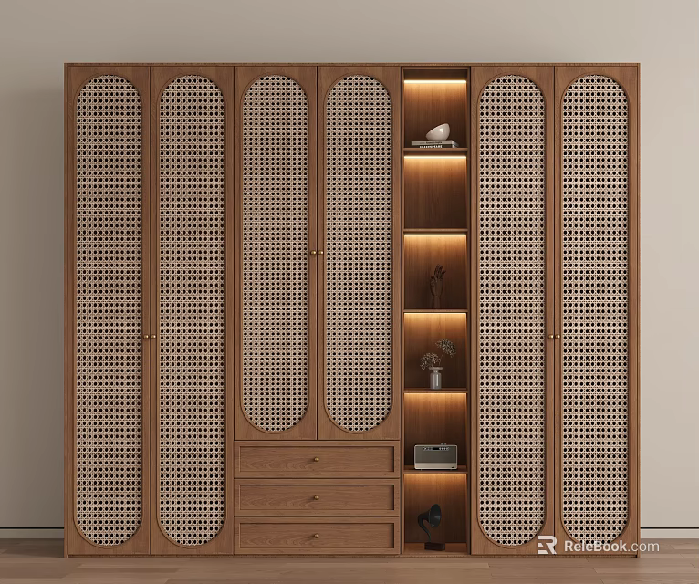 Modern Wooden Wardrobe With Woven Texture Doors Central Lit Display Shelves And Bottom Drawers 3d model 
