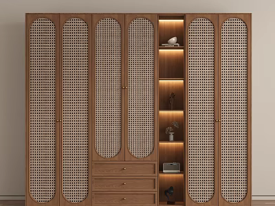 Modern Wooden Wardrobe With Woven Texture Doors Central Lit Display Shelves And Bottom Drawers 3d model