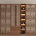Modern Wooden Wardrobe With Woven Texture Doors Central Lit Display Shelves And Bottom Drawers