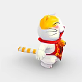 Festive White Lucky Cat Decorative Ornament Set With Red Scarf And Fu Character