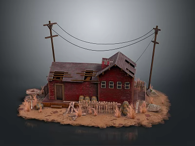 Dilapidated Red Cottage with Broken Roof and Wooden Fence Near Telephone Poles 3d model