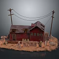 Dilapidated Red Cottage with Broken Roof and Wooden Fence Near Telephone Poles