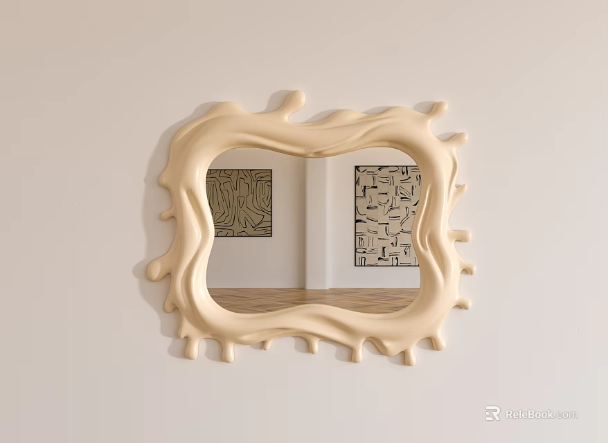 Unique Cream Colored Mirror With Irregular Wavy Raised Frame Reflecting Decorative Paintings And Light Wall 3d model 