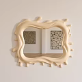 Unique Cream Colored Mirror With Irregular Wavy Raised Frame Reflecting Decorative Paintings And Light Wall