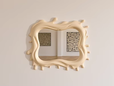 Unique Cream Colored Mirror With Irregular Wavy Raised Frame Reflecting Decorative Paintings And Light Wall 3d model