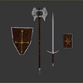Medieval Weapons Set Including Red Shield Gold Cross Long Sword Battle Axe and Cross Book