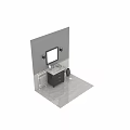 Modern Bathroom Vanity With White Countertop Black Cabinet Mirror Wall Sconces And Decorative Vases
