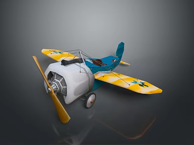 Vintage Blue Yellow Toy Airplane with Propeller Engine and Cross Wing Symbols 3d model