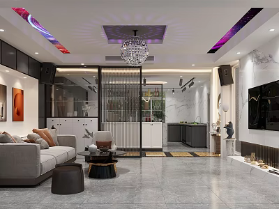 Modern Living And Dining Room Interior Design With Open Layout Sofa Coffee Table And Chandelier 3d model