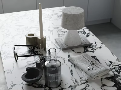 Elegant Marble Tabletop Decor With Candle Lamp Vase Magazine And Eyeglasses 3d model