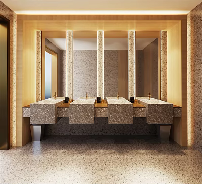 Elegant Bathroom Vanity Design With Stone Countertops And Multiple Sink Basins 3d model