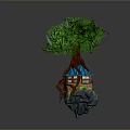 Green Leafy Plant Growing On Tree Root Shaped House With Water Droplets Around Base