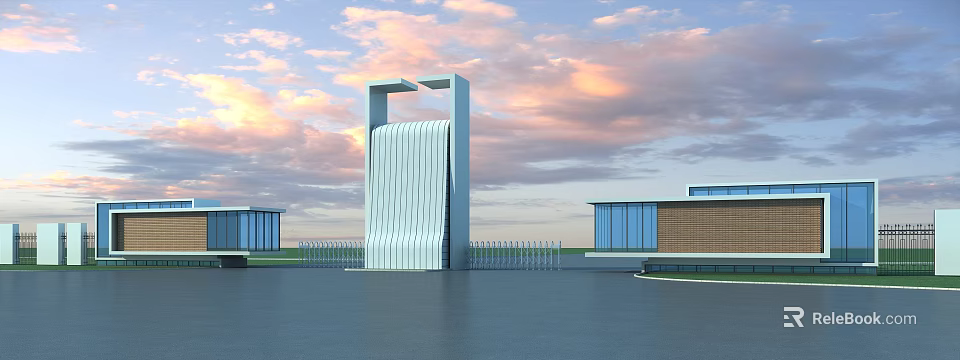 Modern Entrance Gate With Vertical Stripes Against Pinkish Blue Sky And Buildings By Calm Water 3d model 