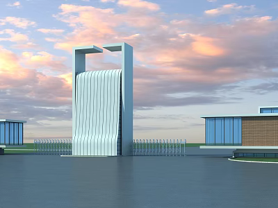 Modern Entrance Gate With Vertical Stripes Against Pinkish Blue Sky And Buildings By Calm Water 3d model