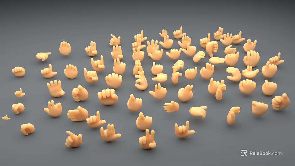 Yellow Small Decorative Ornament Set With Various Hand Gestures On Gray Background 3d model 