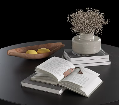 Elegant Decorative Ornament Set With Wooden Bowl Lemons White Vase Dried Flowers And Open Books 3d model