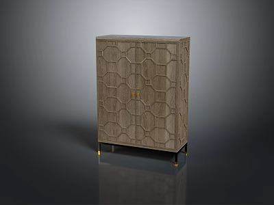 Modern Wooden Cabinet With Hexagonal Pattern Doors Gold Hardware Black Legs And Gold Feet Design 3d model